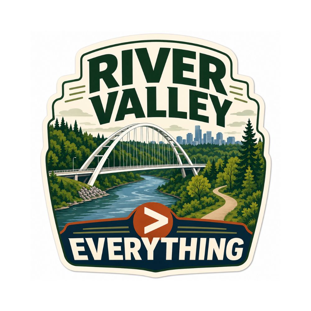 Edmonton River Valley sticker featuring the Walterdale Bridge over the North Saskatchewan River