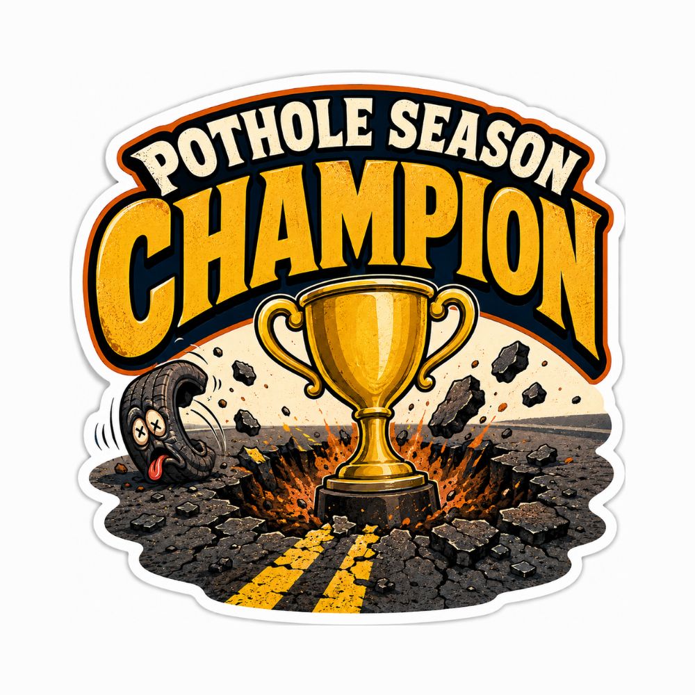 Edmonton pothole sticker showing a gold trophy rising out of a cracked asphalt pothole