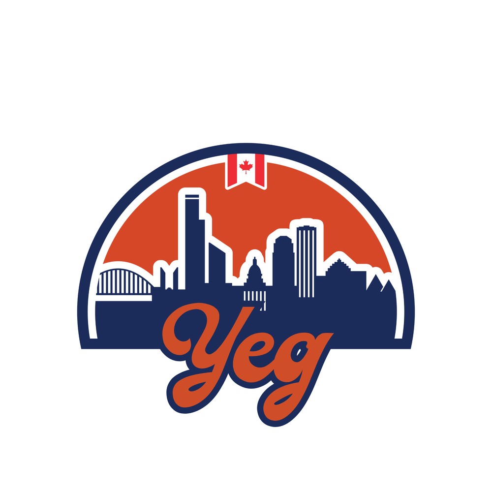 Edmonton skyline sticker with orange and navy crest, script Edmonton wordmark, Walterdale Bridge, downtown towers and Muttart pyramids