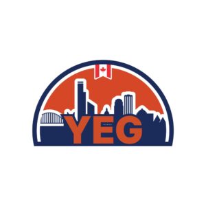 YEG skyline sticker with orange block YEG wordmark on the downtown crest