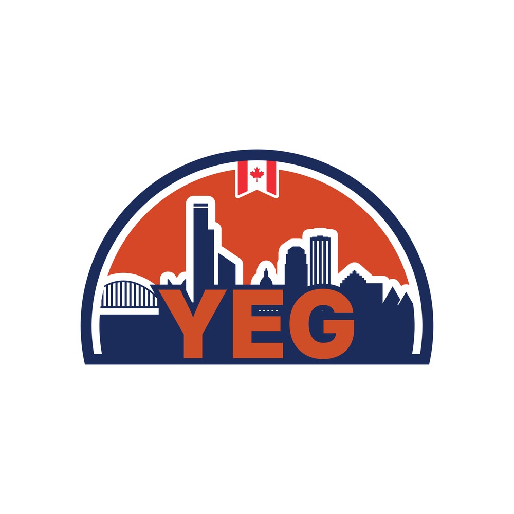 YEG skyline sticker with orange block YEG wordmark on the downtown crest