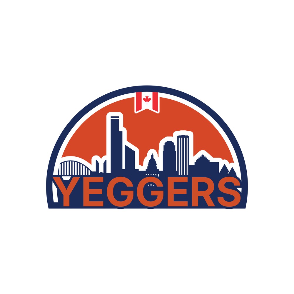 Yeggers skyline sticker with orange and navy crest and bold block YEGGERS wordmark