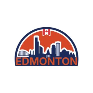 Edmonton skyline sticker with orange block EDMONTON wordmark on the downtown crest