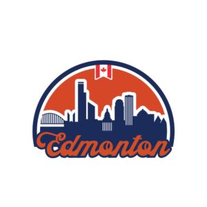 Edmonton skyline sticker with orange and navy crest and script Edmonton wordmark