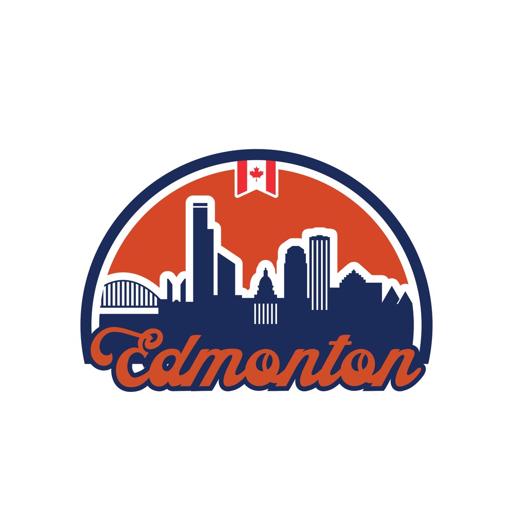 Edmonton skyline sticker with orange and navy crest and script Edmonton wordmark