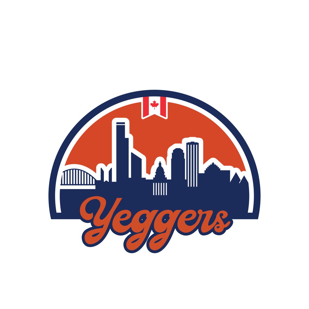 Yeggers skyline sticker with orange and navy crest and script Yeggers wordmark
