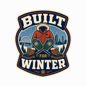 Edmonton winter gear sticker from YEG showing a crossed parka, mitts, and boots badge with a bridge and skyline