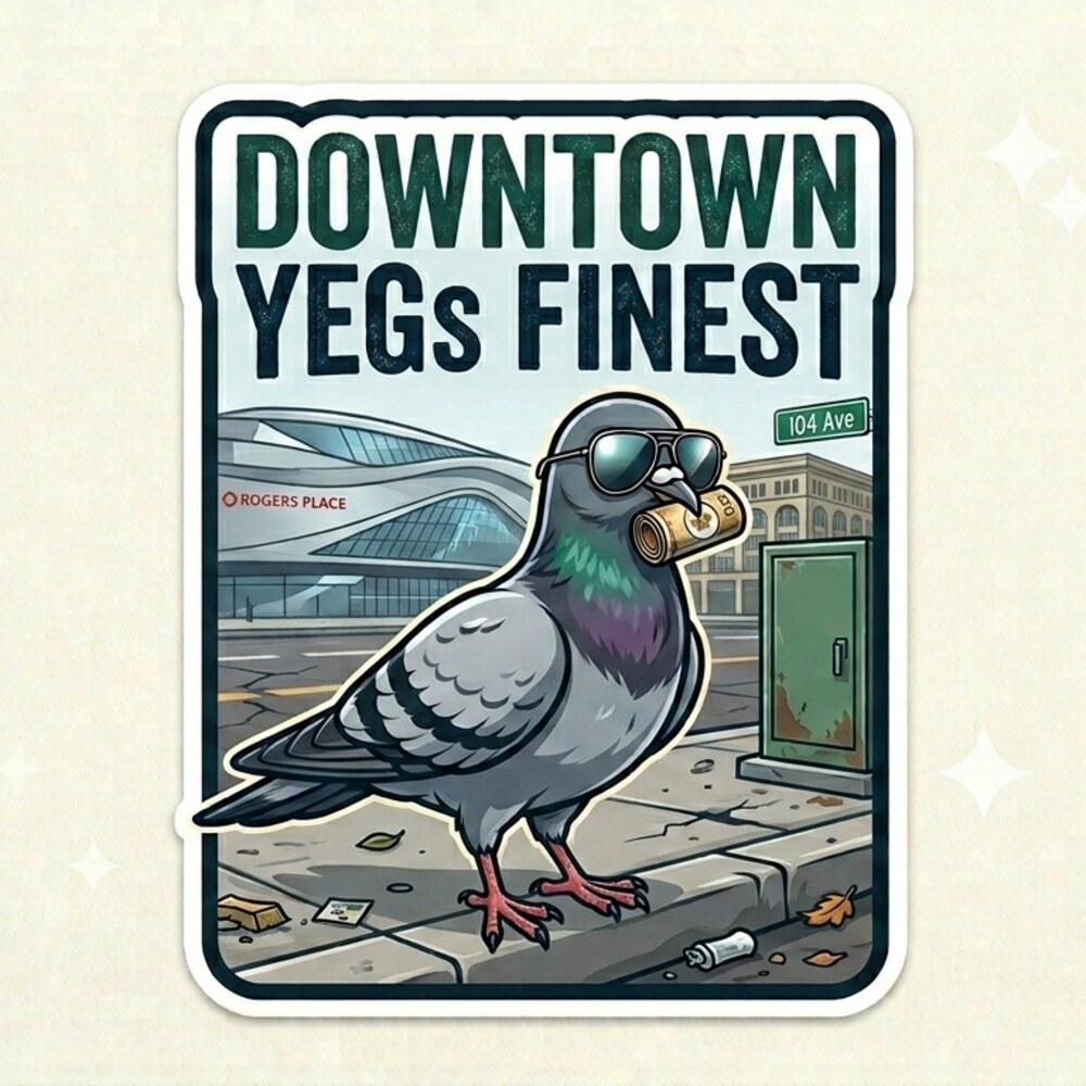 Funny Edmonton pigeon sticker wearing sunglasses near Rogers Place downtown