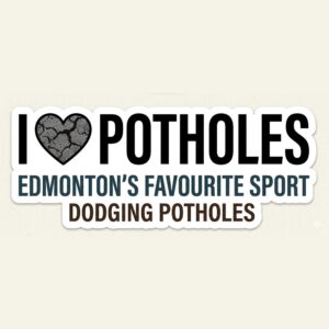 Funny Edmonton pothole sticker with I Heart Potholes design