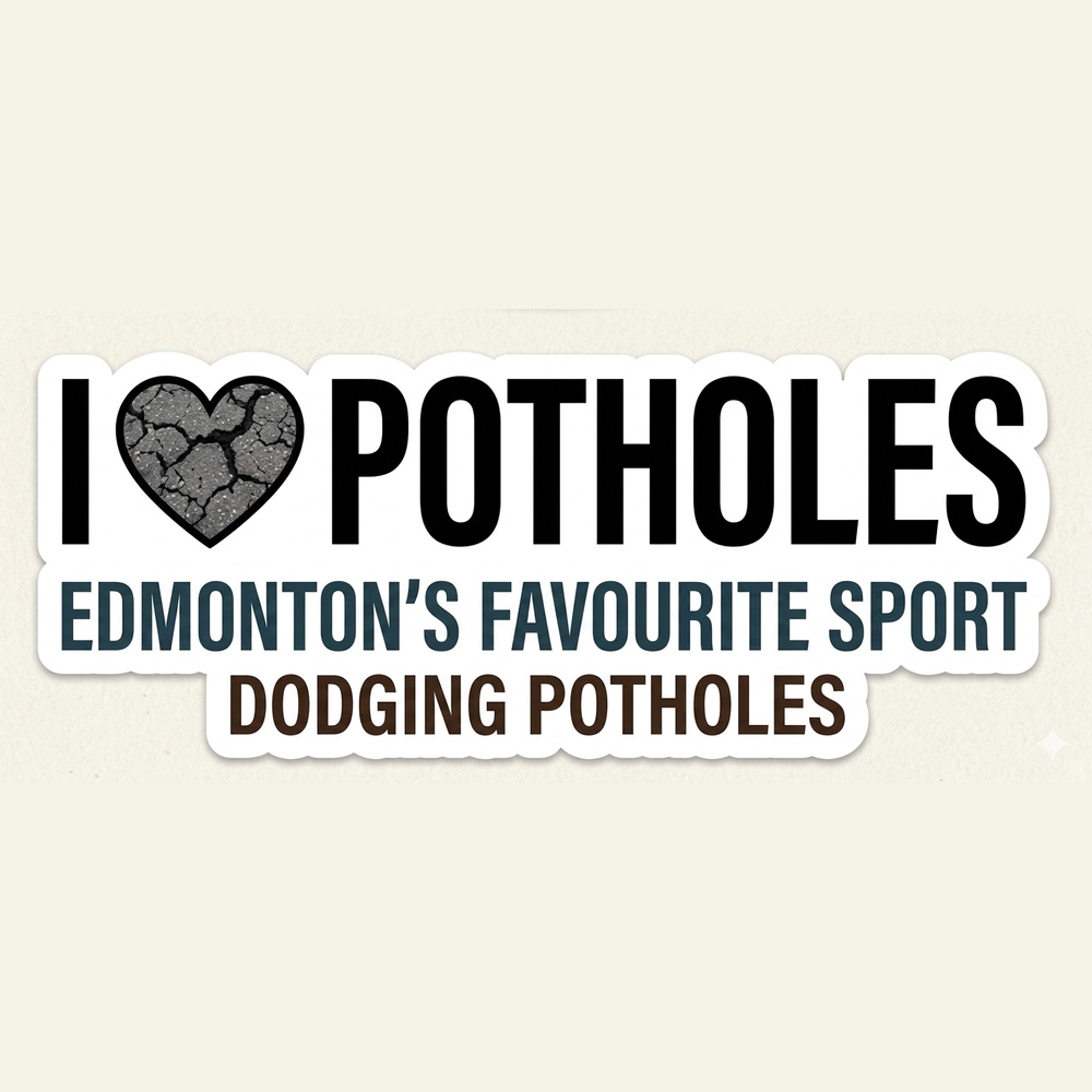 Funny Edmonton pothole sticker with I Heart Potholes design