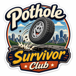 Edmonton pothole survivor sticker with cartoon tire bouncing out of a pothole