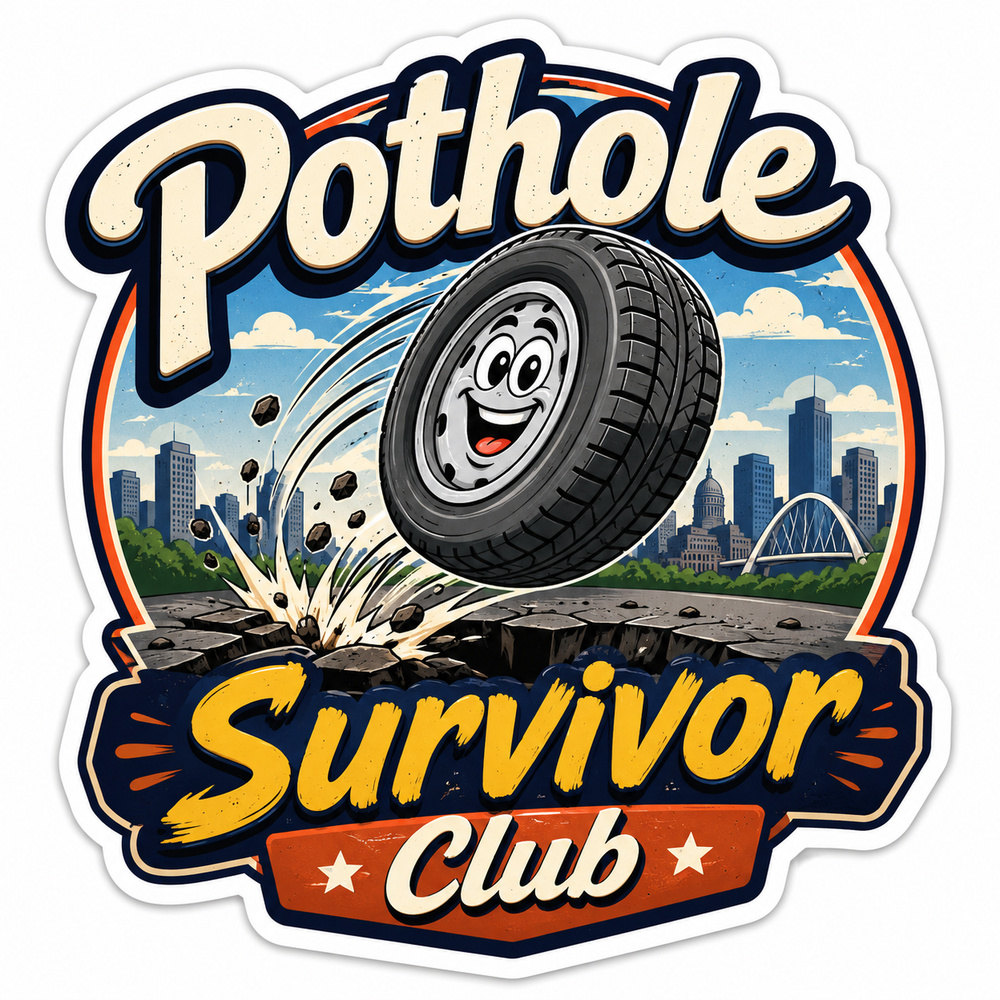 Edmonton pothole survivor sticker with cartoon tire bouncing out of a pothole