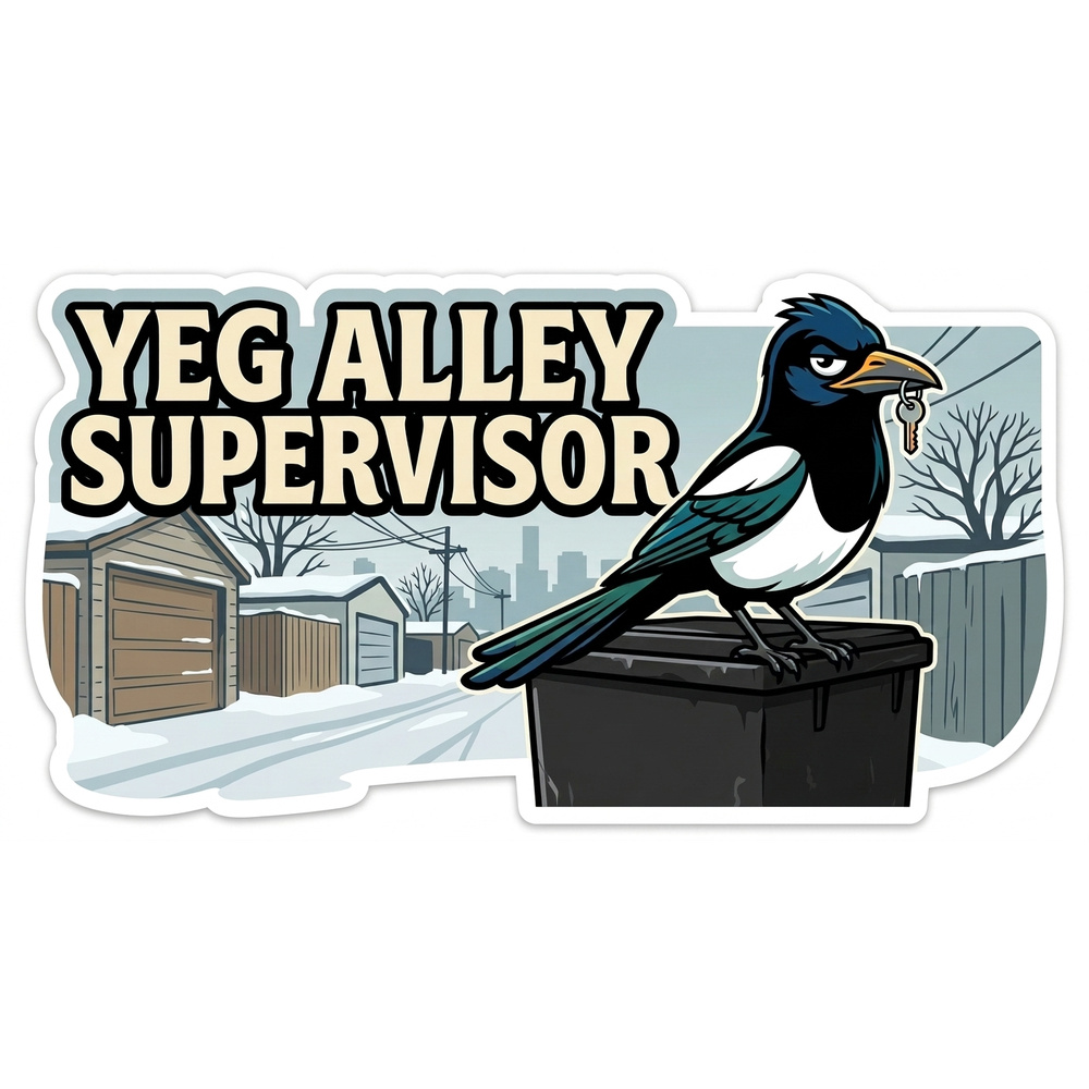 Edmonton alley sticker featuring a magpie with a stolen key, YEG Alley Supervisor