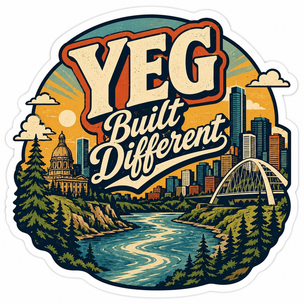 YEG Built Different sticker with Edmonton skyline, river valley, and legislature