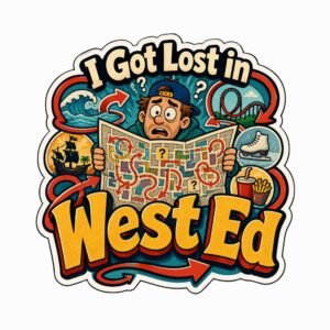 Edmonton mall sticker from YEG showing a confused shopper lost with a map in West Ed