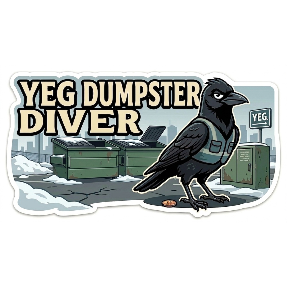 Edmonton dumpster sticker featuring a crow in a safety vest, YEG Dumpster Diver