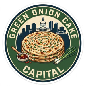 Edmonton skyline sticker featuring a green onion cake, green onions, and chili garlic sauc