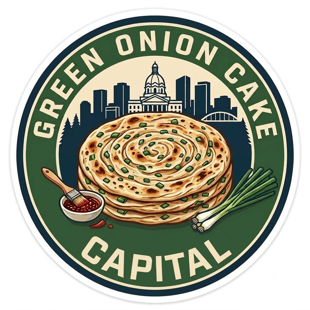 Edmonton skyline sticker featuring a green onion cake, green onions, and chili garlic sauc