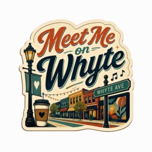 Whyte Ave sticker from Edmonton with a vintage Old Strathcona street scene, lamp post, and YEG street sign
