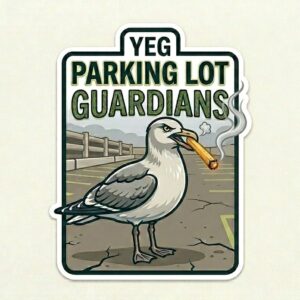 Edmonton parking lot sticker featuring a seagull, YEG Parking Lot Guardian