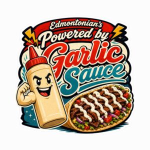 Edmonton donair sticker from YEG with a garlic sauce bottle and a loaded donair
