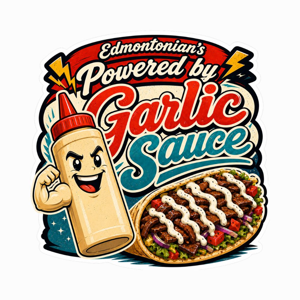Edmonton donair sticker from YEG with a garlic sauce bottle and a loaded donair