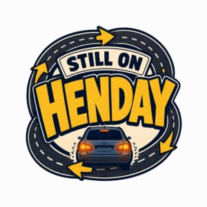 Edmonton Henday sticker from YEG showing a car looping an endless ring road with arrows