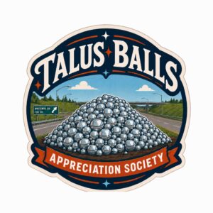 Talus Dome sticker from YEG showing the pile of chrome balls beside the Whitemud and Fox Drive sign